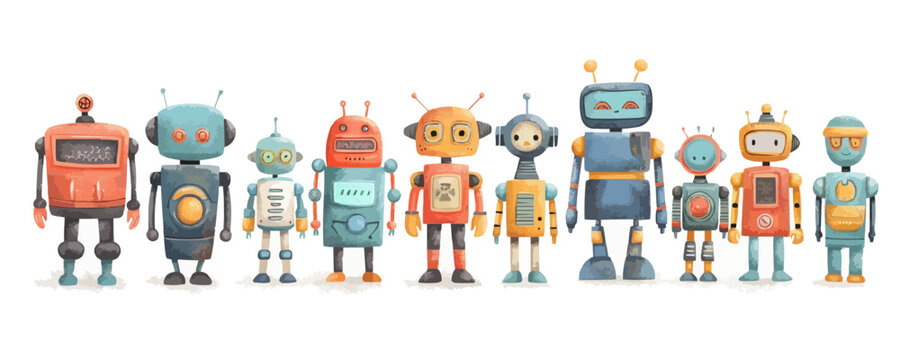 Toy robots on a white background. Vector flat minimalistic isolated illustration.