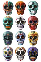 A collection of variously colored skulls