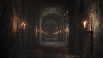 Obraz premium Haunting 3D Visualization of a Dark Corridor with Flickering Torches and Eerie Shadows