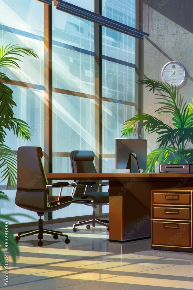 Poster a typical office setup with a desk, chairs, and a clock