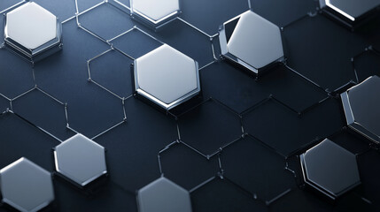Tech-inspired design with silver and dark blue hexagons connected by fine white lines, creating a sleek networking backdrop for presentations.