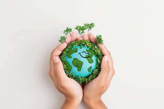 Two hands grasping a green earth globe with a smiling face, symbolizing unity and environmental care - Powered by Adobe