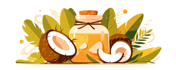Naklejka premium Coconut oil jar with coconuts and palm leaves, Vector flat minimalistic isolated illustration
