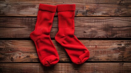 A pair of red socks lay on a rustic wood background.