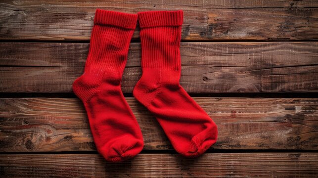 A pair of red socks lay on a rustic wood background.