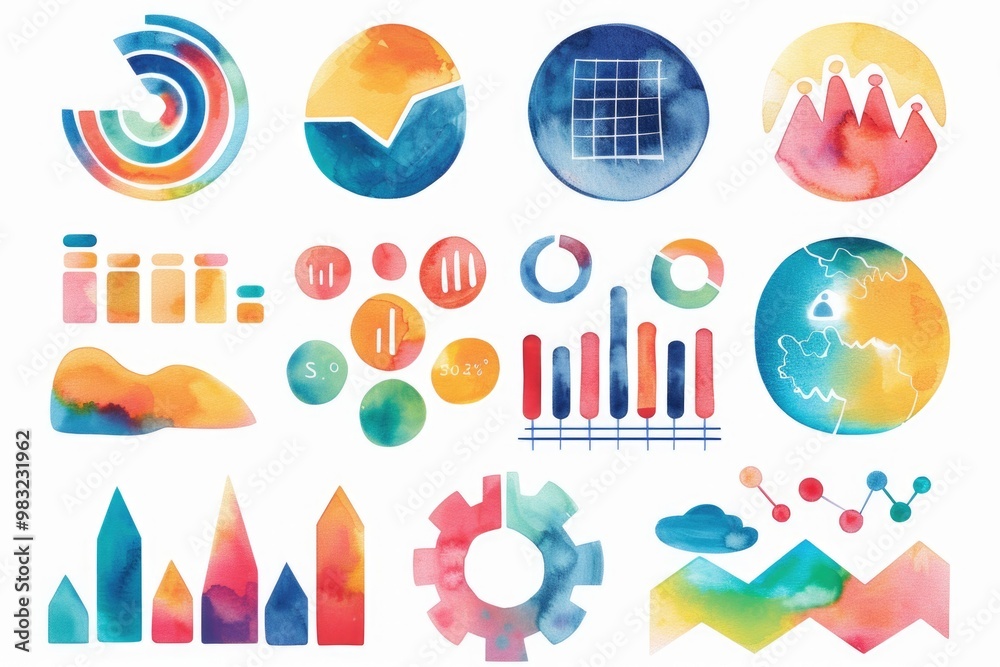 Poster a set of watercolor design elements on a white background, suitable for various graphic and digital 
