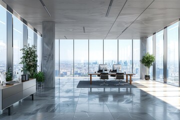 Office space with city view, modern decor and furniture