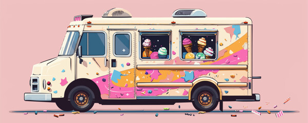 Nostalgic ice cream truck with music Vector flat minimalistic isolated illustration