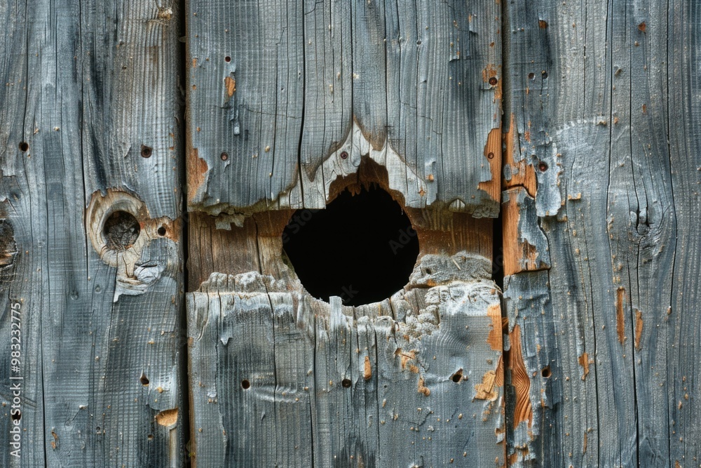 Poster a hole in a wooden wall with another hole inside, suitable for use in construction or repair context