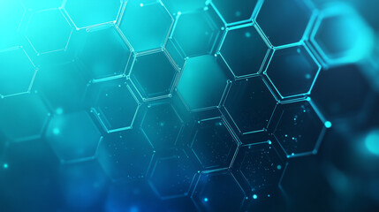 Fototapeta premium Hexagon grid on a gradient background from deep blue to light teal, with soft glowing edges, symbolizing interconnectivity in digital networks.