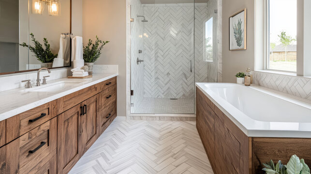 "A bathroom showcasing a natural wood cabinet with a white marble countertop, complemented by white herringbone tiles around the tub and a walk-in shower featuring large tiles."