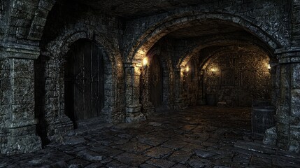 Sinister Dungeon Interior with Ominous Artifacts in Dark Alcoves - 3D Render of Creepy Underworld Exploration