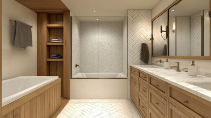 "A bathroom showcasing a natural wood cabinet with a white marble countertop, complemented by white herringbone tiles around the tub and a walk-in shower featuring large tiles."