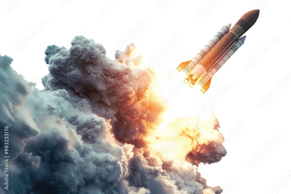 Poster image of a space shuttle lifting off from a launch pad, with flames and smoke in the background
