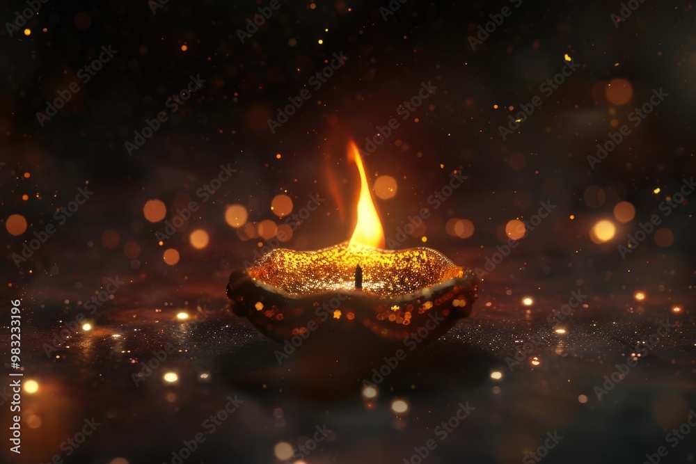 Poster A single lit candle on a dark surface surrounded by blurred lights, suitable for use in mysterious or intimate settings