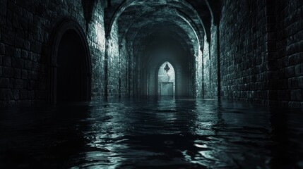 Fototapeta premium Submerged Mystery - 3D Visualization of Eerie Dungeon with Dark Water and Distant Echoes Reverberating