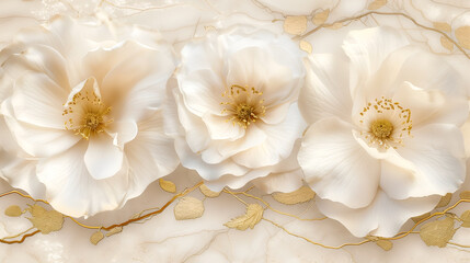 Elegant white flowers with gold accents on a marble ink background for a serene decorative touch