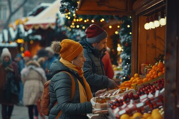 Naklejka premium A woman stands in front of a colorful fruit stand, surrounded by fresh produce