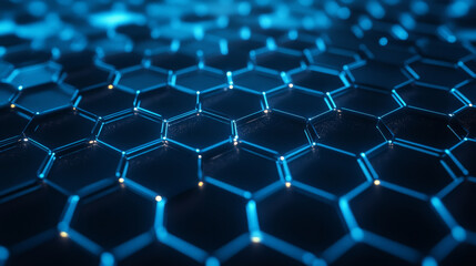 Naklejka premium Dynamic hexagonal grid in shades of dark blue and cyan, with glowing connections representing data flow in a high-speed network system.