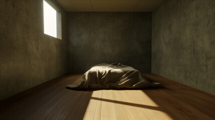 Minimalist bedroom with low bed in natural light