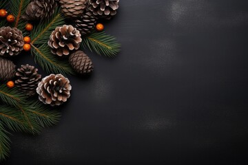 Pine Cones and Fir Branches on Dark Background