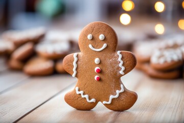 Festive Gingerbread Man Cookie Standing on a Wooden Table with Soft Bokeh Lights in the Background