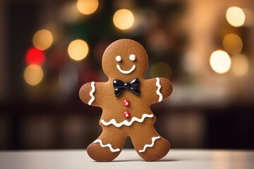  Gingerbread Man Cookie Standing on a Wooden Table with Soft Bokeh Lights in the Background
