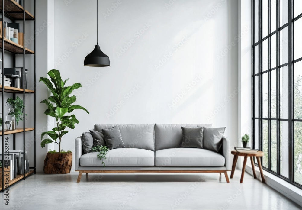 Canvas Prints Modern living room with a stylish grey sofa, natural light, and minimal decor in a cozy setting