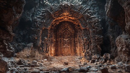 Fototapeta premium Enigmatic Dark Fantasy Dungeon with Intricate Stone Door and Mysterious Aura in 3D Visualization