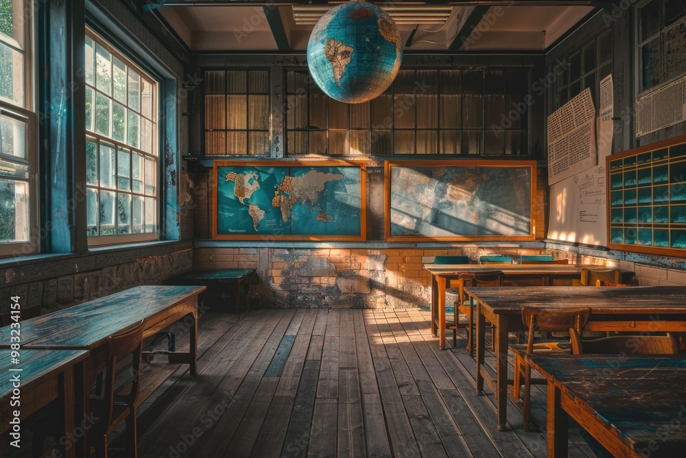 Poster a typical classroom scene with a large globe suspended from the ceiling, suitable for education and 