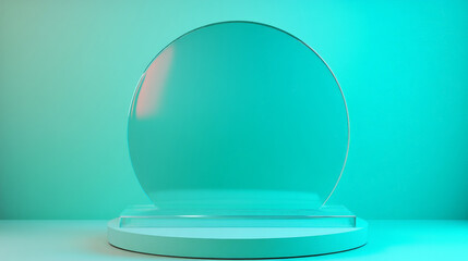 A futuristic 3D podium with a translucent glass pedestal on a gradient turquoise-to-green background, perfect for tech product display.