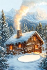 Fototapeta premium Cozy log cabin in a snowy forest landscape at dusk with warm lights glowing from the windows