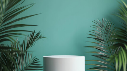 A minimalist matte white podium surrounded by tropical palm leaves, set against a muted teal wall for a simple yet striking tropical display.