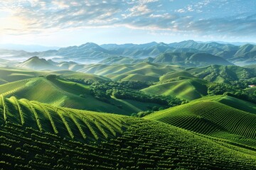 Fototapeta premium A scenic view of a tea plantation in the mountains, suitable for use in travel or landscape photography
