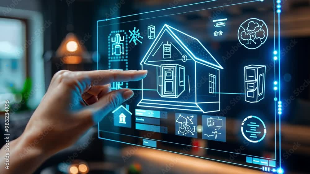 Leinwandbilder A hand is reaching out to touch a floating digital display that illustrates a futuristic smart home design, surrounded by soft ambient lighting in the background.