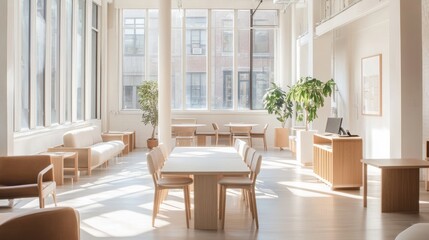 A bright, minimalist coworking space with expansive windows, clean lines, and neutral-toned furniture, creating an open, airy atmosphere with no people in the frame.