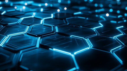 Networking-themed background with a metallic hexagon pattern, softly glowing in neon blue and white against a dark backdrop, representing digital communication.