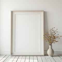 ectangular picture frame on white wall with blank paper in it. You can place your image in this frame. Interior photo. Painting, poster, photograph. Decorate your apartment in a modern style
