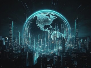 Creative Futuristic Cityscape with Digital Globe Hologram Over Modern Metropolis at Night.
