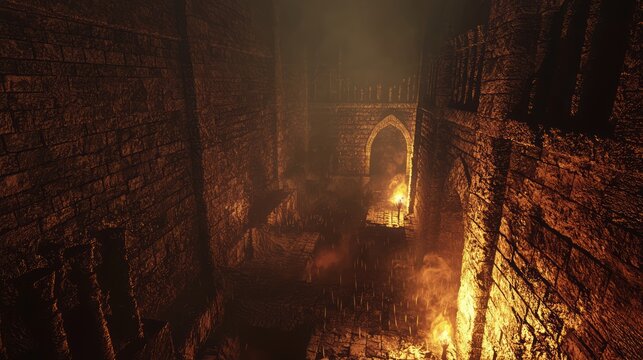Treacherous Dungeon Adventure - 3D Visualization of Deadly Pit, Perilous Ledges, and Flickering Torches for Thrilling Exploration