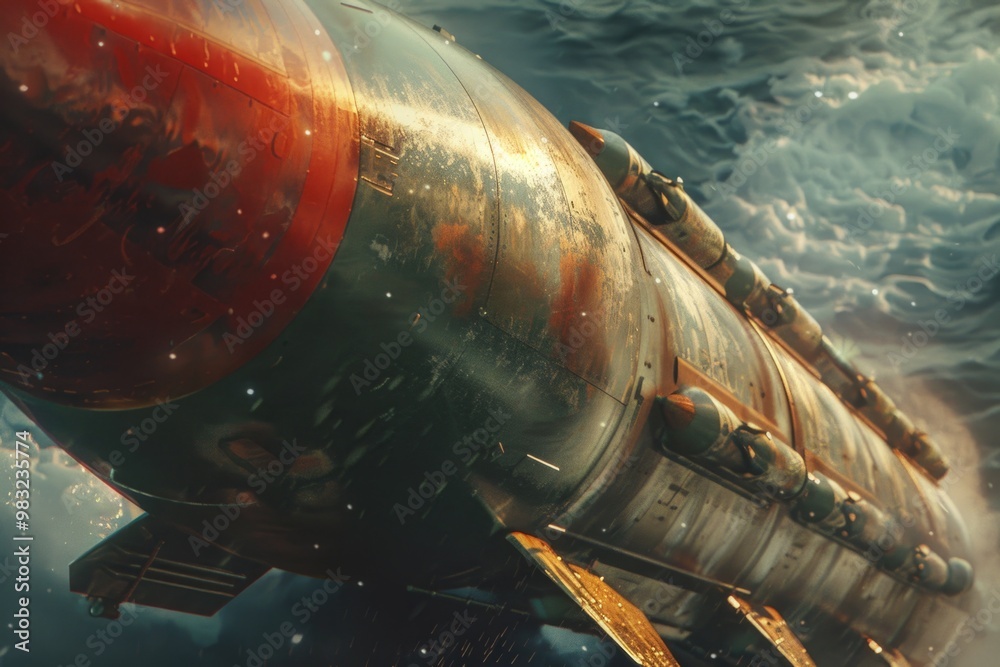 Poster a submarine floats in the ocean on a cloudy day, with waves and sea creatures visible beneath the su