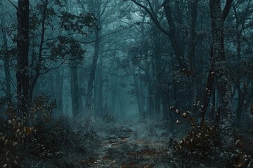 Fototapeta premium A winding path through dense trees and shadows in a dark forest, with potential for mysterious or adventurous uses