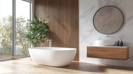 "Modern bathroom interior showcasing white marble and wooden walls, with a wooden floor. The room features a sleek white bathtub by the window and a stylish sink with a vertical mirror in the backdrop