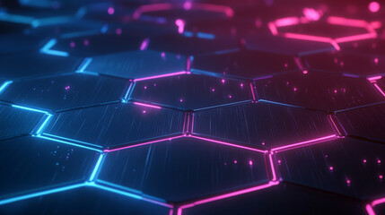 Obraz premium Abstract hexagonal grid with glowing neon pink and blue lines, on a dark gradient background, representing a dynamic and high-tech digital network.