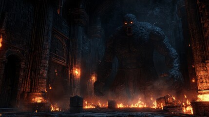 Obraz premium Mystical Dark Fantasy Dungeon with Stone Golem and Flickering Flames - 3D Visualization of Tension-Filled Environment
