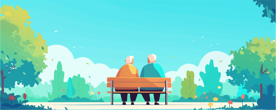 Design a serene illustration of an elderly couple sitting on a bench in a park, symbolizing companionship and longevity. Vector flat minimalistic isolated illustration.