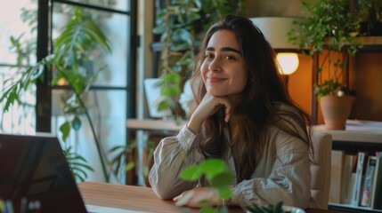 A woman sitting in front of a laptop computer, possibly working or browsing