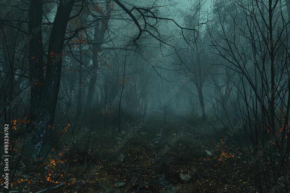 Aufkleber A serene and mysterious forest scene with a winding path leading through dense trees