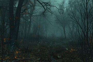 Naklejka premium A serene and mysterious forest scene with a winding path leading through dense trees