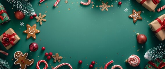 Christmas decorations with gift box on green background. 3d rendering